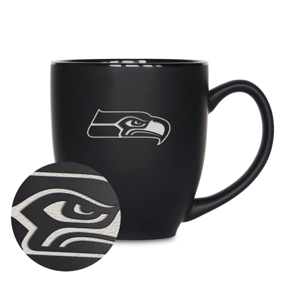 Rico Industries NFL Football Seattle Seahawks Main 15oz Laser Engraved Matte Black Ceramic Bistro Mug - For Hot or Cold Drinks