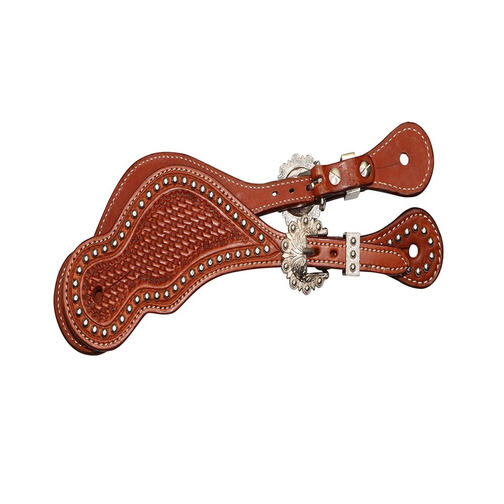 Grewal Equestrian Indio Western Leather Spur Straps in Oakbark with Stamped Weave Design and Nickel-Plated Berry Buckles, Horse Riding Accessories, Boot Straps