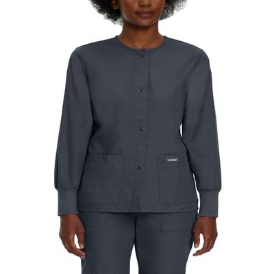 Landau Essentials Women's Relaxed Fit 4-Pocket Snap-Front Jacket with Crew Neck and Cell Phone Pocket 7525 Graphite