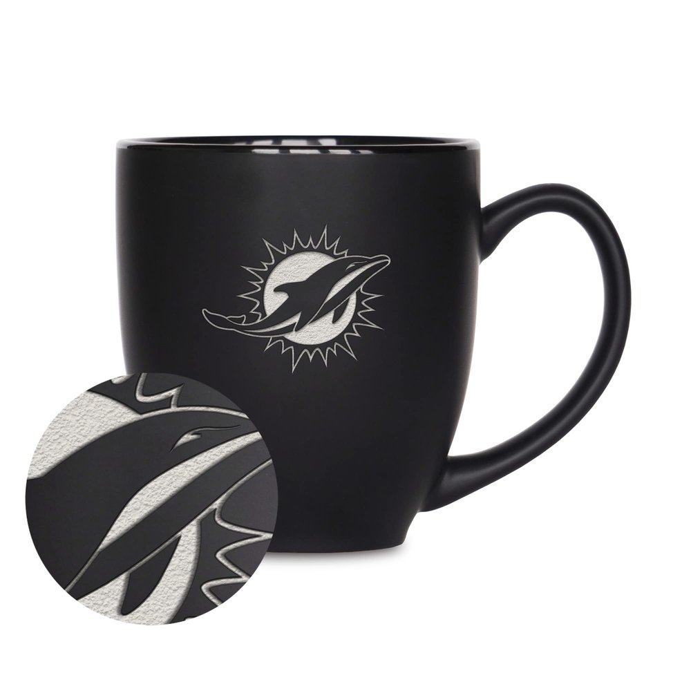 Rico Industries NFL Football Miami Dolphins Main 15oz Laser Engraved Matte Black Ceramic Bistro Mug - For Hot or Cold Drinks