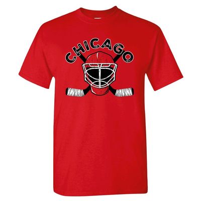 Chicago Team Mask Men's T-Shirt for Hockey Fans (Red Shirt, 2XL)