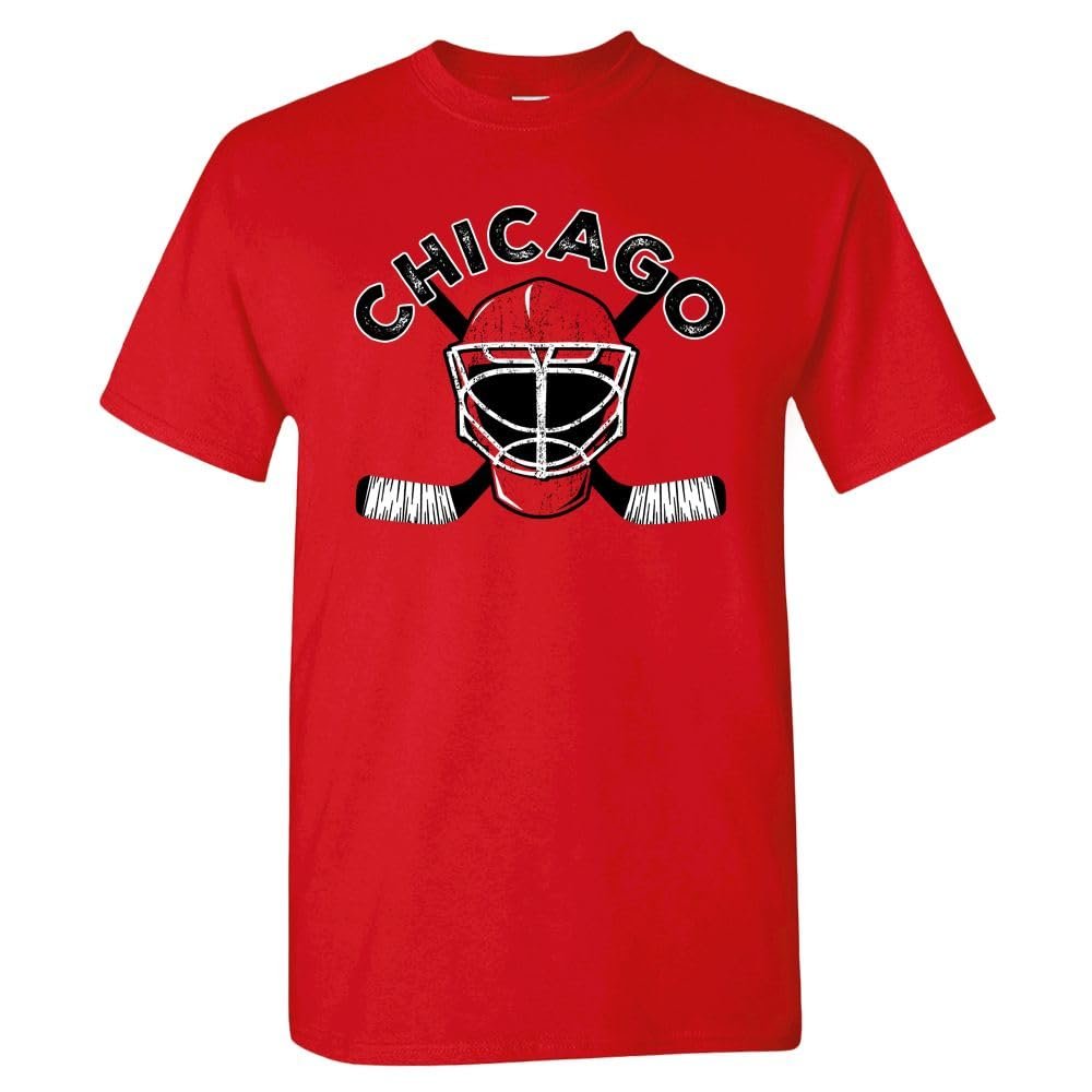 Chicago Team Mask Men's T-Shirt for Hockey Fans (Red Shirt, 2XL)