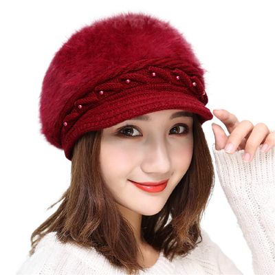 Roll Up Women's Girls Cute Fall Winter Cozy Fur Earflap Knitted Wool Ski Cap Beret Newsboy Beanie Hat Visor (Wine)