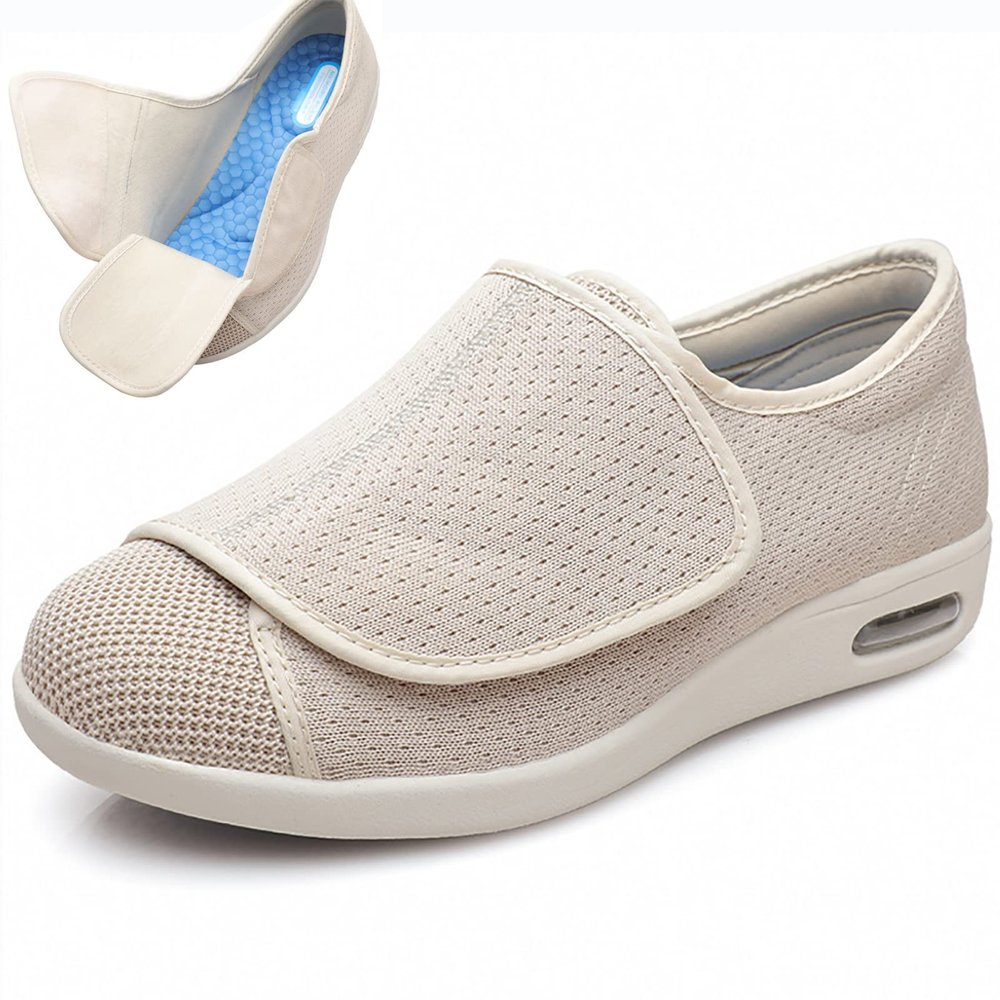 DHIJUPNG Women's Men Diabetic Shoes,Women's Non Slip Wide Width Shoes with Adjustable Walking Shoes for Diabetic Edema Plantar Swollen Feet BeigeMen 11/Women 12