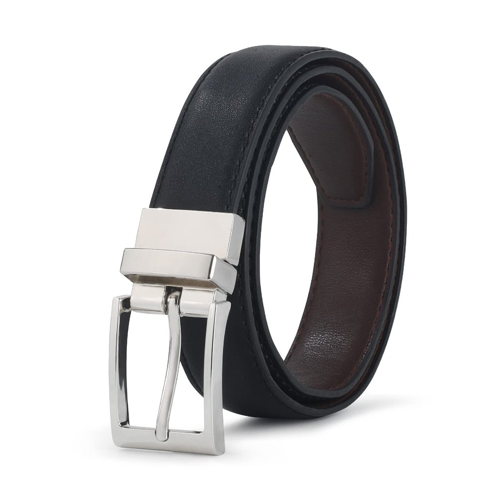 AWAYTR Reversible Kids Belts for Boys - Black and Brown Leather Belt for School Uniform Casual Jeans (100cm,Silver)