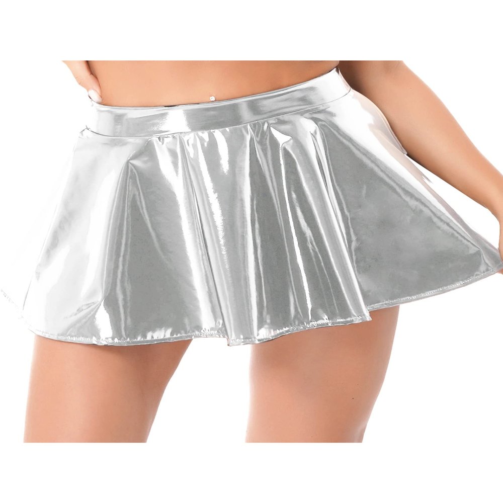 Alvivi Women Wet Look PVC Leather Flared Mini Pleated Skirts A-Line Latex Short Skirts Clubwear Silver Small