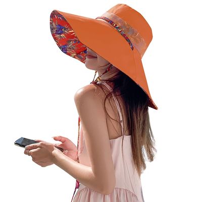6" Extra Wide Brim Sun Hats UPF 50+ UV Protection Packable Beach Hat Strap Women (Orange)