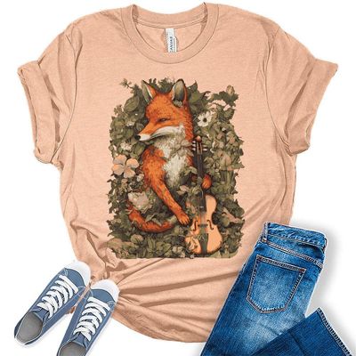 Womens Fox Shirt Cottagecore Aesthetic Cute Animal Holding Violin Tshirts Short Sleeve Bella Graphic Tees Casual Summer Tops