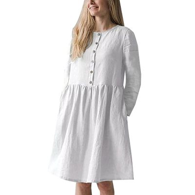 GOKKILRW Cotton Linen Summer Dress for Women Casual Long Sleeve Solid Color Midi Length Button Down T Shirt Dress with Pockets(White,Medium)