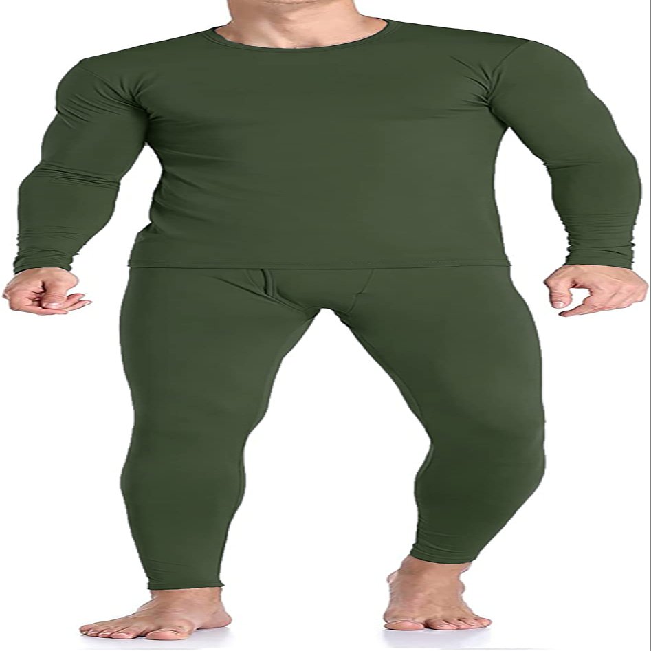 Therma Pro Mens Fleece Lined Thermal Top & Bottom Underwear Set, Long Johns Base Layer Ultra-Soft Army Green