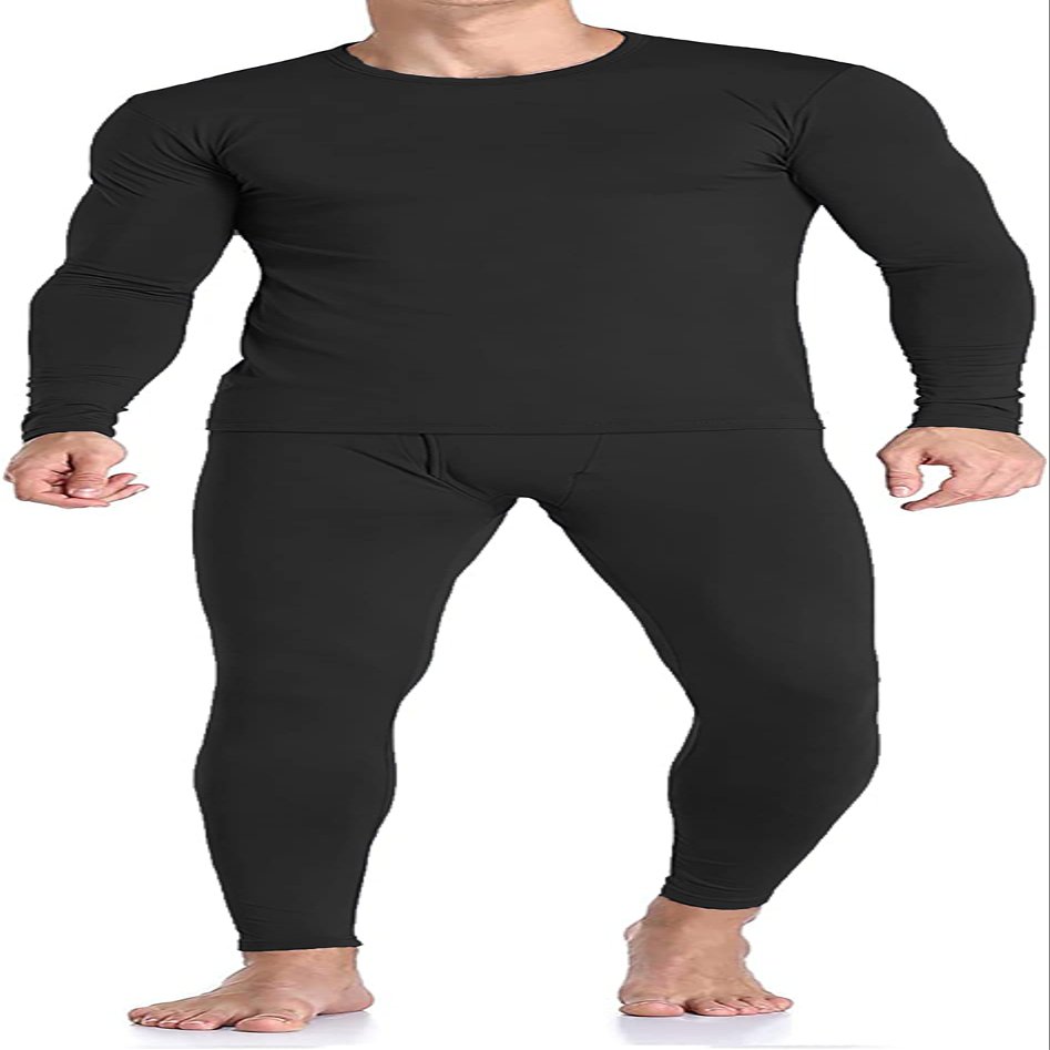 Therma Pro Mens Fleece Lined Thermal Top & Bottom Underwear Set, Long Johns Base Layer Ultra-Soft Black