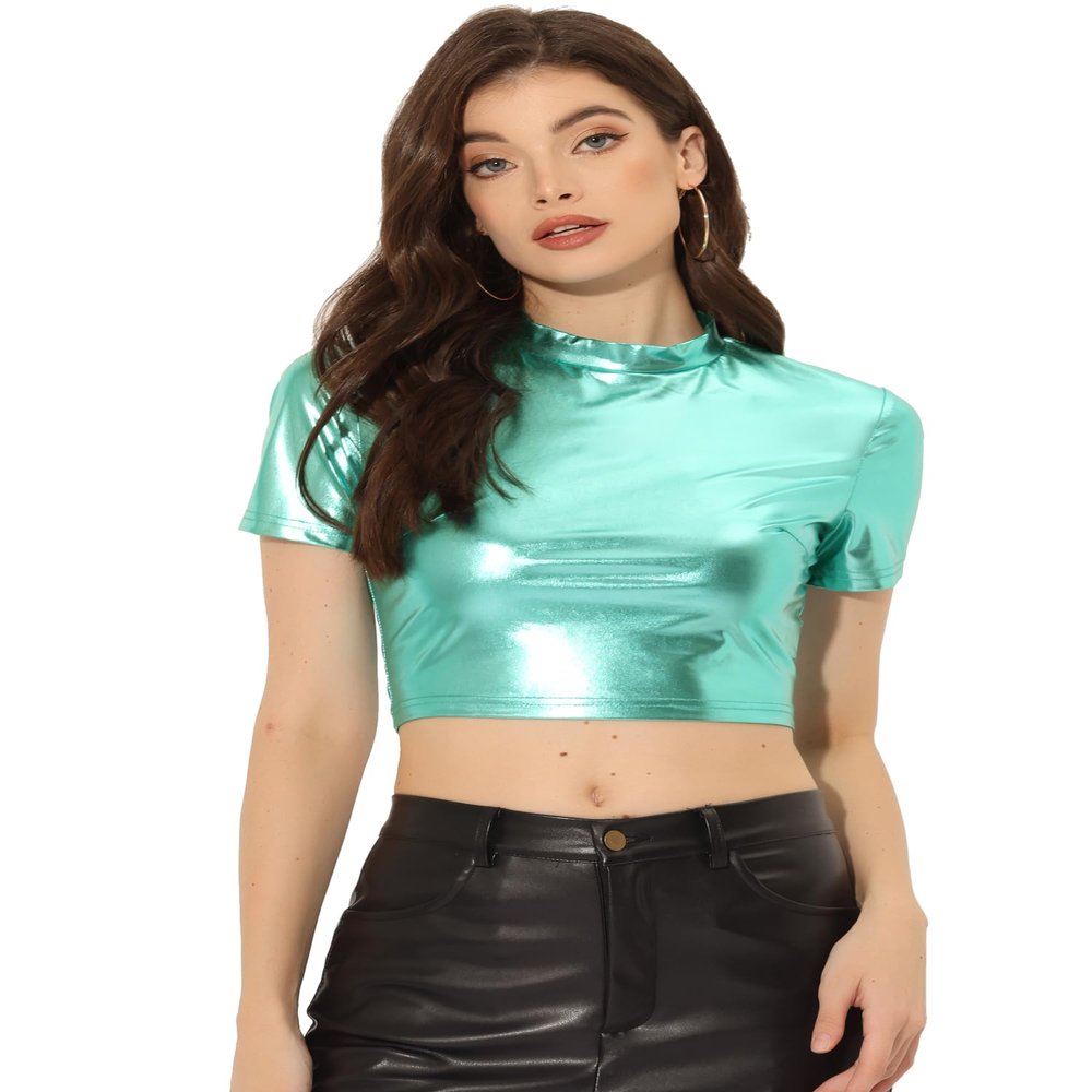 Allegra K Sparkle Tops for Women's Halloween Short Sleeve Mock Neck Party Metallic Crop Top Medium Mint Green
