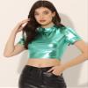 Allegra K Sparkle Tops for Women's Halloween Short Sleeve Mock Neck Party Metallic Crop Top Medium Mint Green view 3