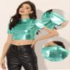 Allegra K Sparkle Tops for Women's Halloween Short Sleeve Mock Neck Party Metallic Crop Top Medium Mint Green view 4