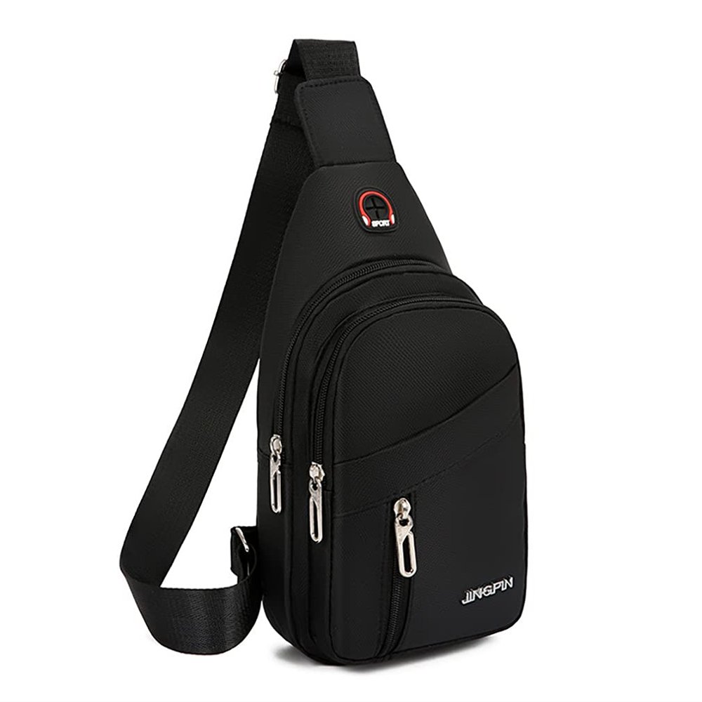FLO-MOTOR Small Sling Bag for Men Crossbody One Strap Casual Daypack Bag with Earphone Hole for Travel Outdoor Sports (Black)