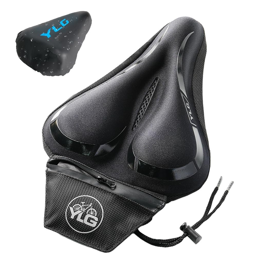 YLG Bike Seat Cover, Memory Foam & Gel Bike Seat Cushion Cover for Men & Women, Comfortable Bicycle Seat Cover for Peloton/Fixed/Cruiser/Indoor/Outdoor Bike seat with Waterproof Cover