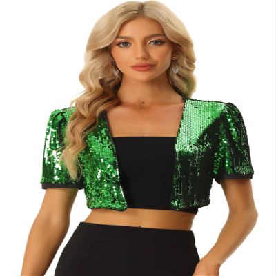 Allegra K Sequin Cardigan for Women's Puff Sleeve Open Front Jacket Halloween Sparkly Glitter Cropped Shrug Bolero Small green