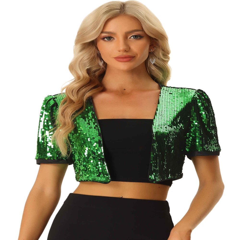 Allegra K Sequin Cardigan for Women's Puff Sleeve Open Front Jacket Halloween Sparkly Glitter Cropped Shrug Bolero Small green