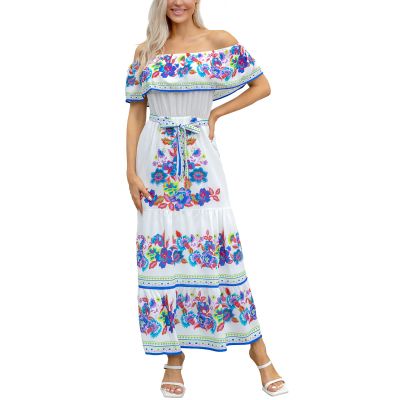 ACOSAP Women's Mexican Dress Summer Floral Print Off The Shoulder Sleeveless Beach Long Maxi Dress