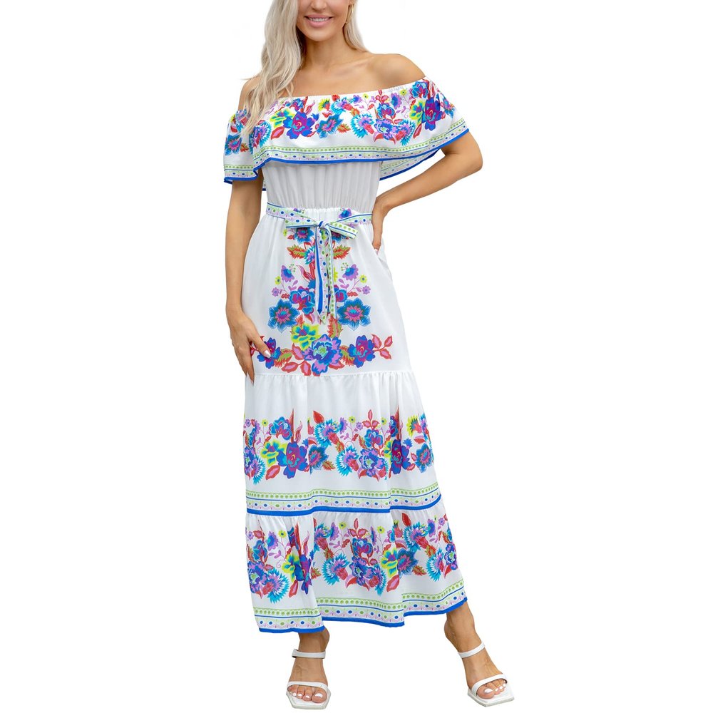 ACOSAP Women's Mexican Dress Summer Floral Print Off The Shoulder Sleeveless Beach Long Maxi Dress