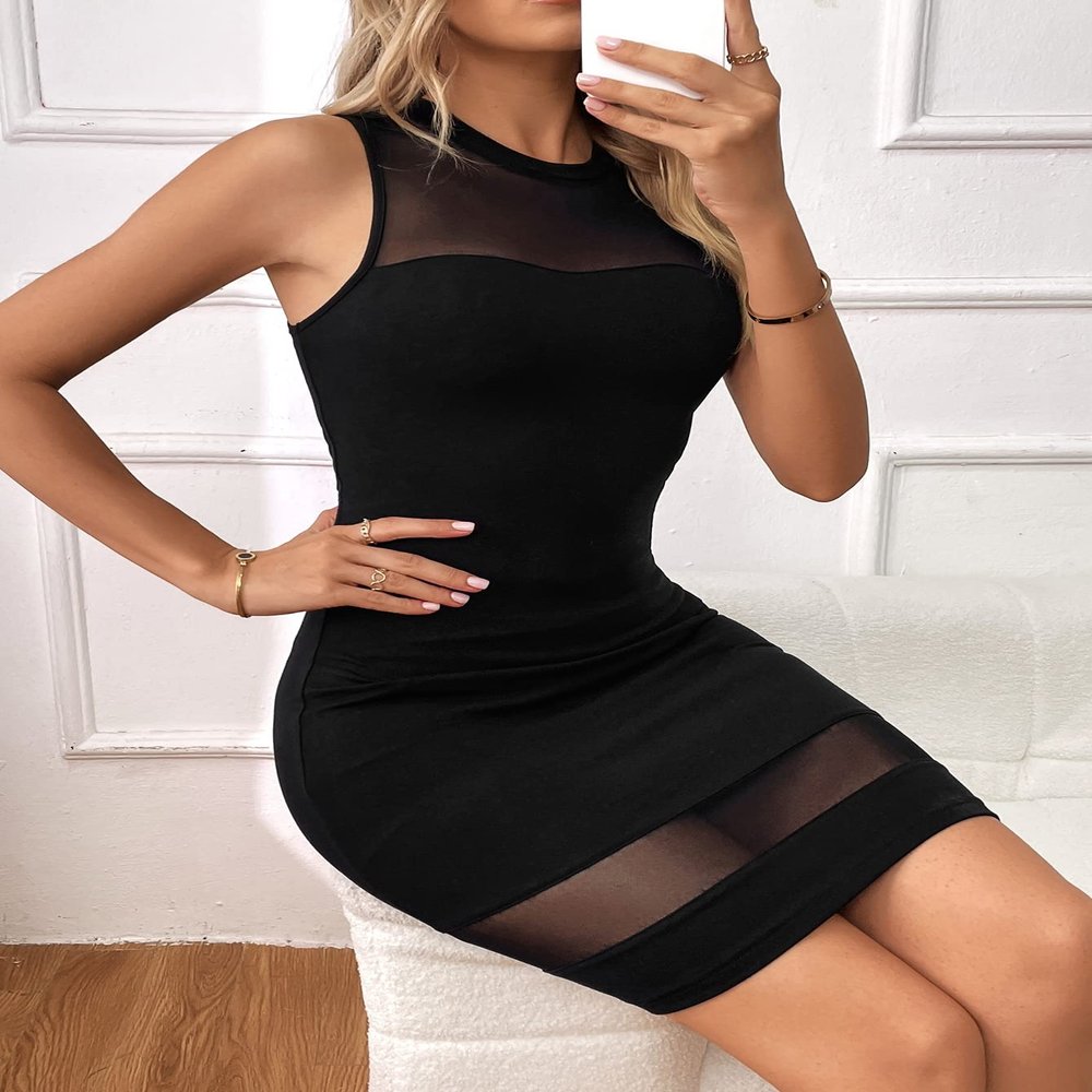 2023 Women's Dresses Contrast Mesh Bodycon Dress Women's Dresses (Color : Black, Size : X-Large)