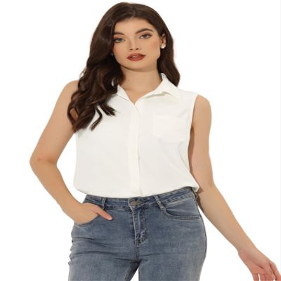 Allegra K Button Down Denim Shirt for Women's Dressy Casual Sleeveless Lapel V Neck Collared Chambray Top X-Large White