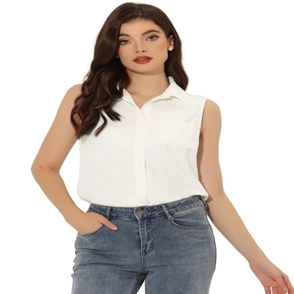 Allegra K Button Down Denim Shirt for Women's Dressy Casual Sleeveless Lapel V Neck Collared Chambray Top X-Large White