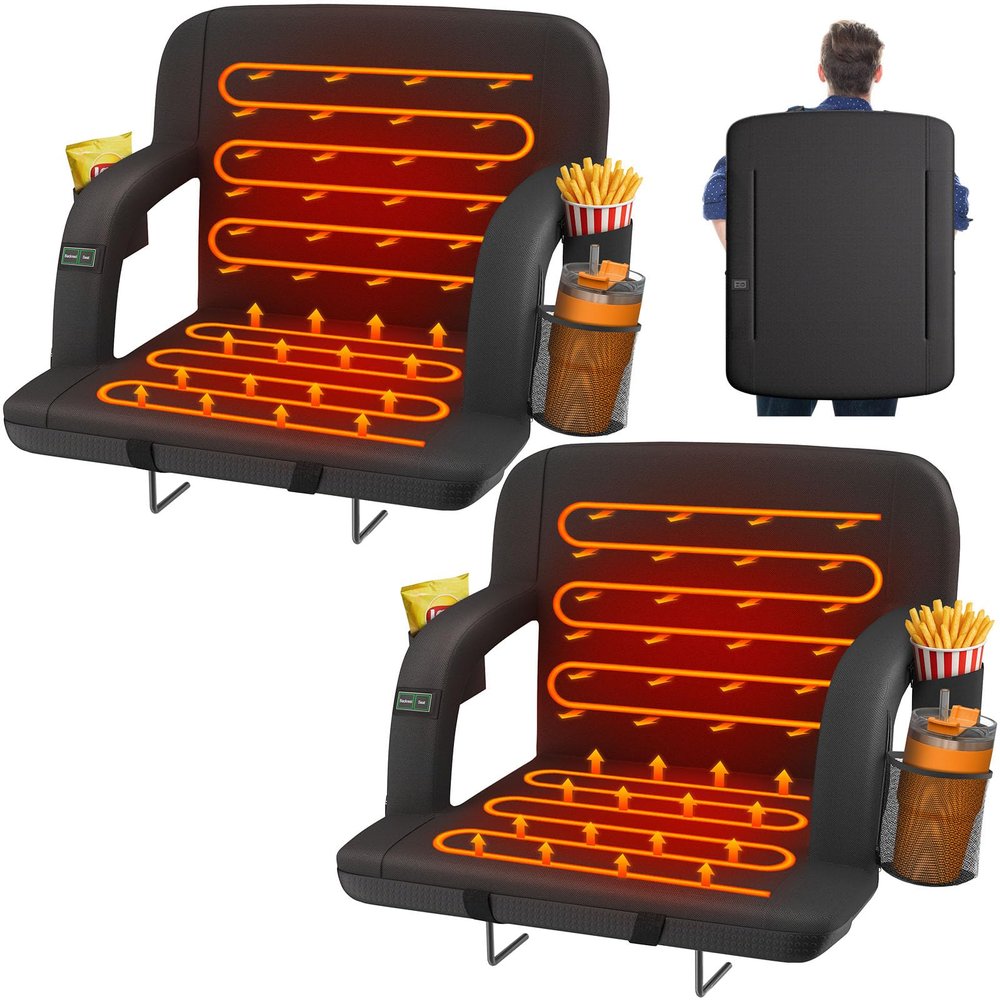 HOPERAN 25" 2pcs Dual-Sided Heated Stadium Seats for Bleachers with Back Support, 3 Levels Heating Stadium Seating for Bleachers Seat with Backrest, 5 Pockets Portable Stadium Chair for Outdoor