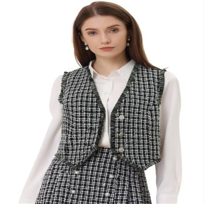 Allegra K Plaid Waistcoat for Women's Vintage Fringe Trim Tweed Suit Vest X-Small Black