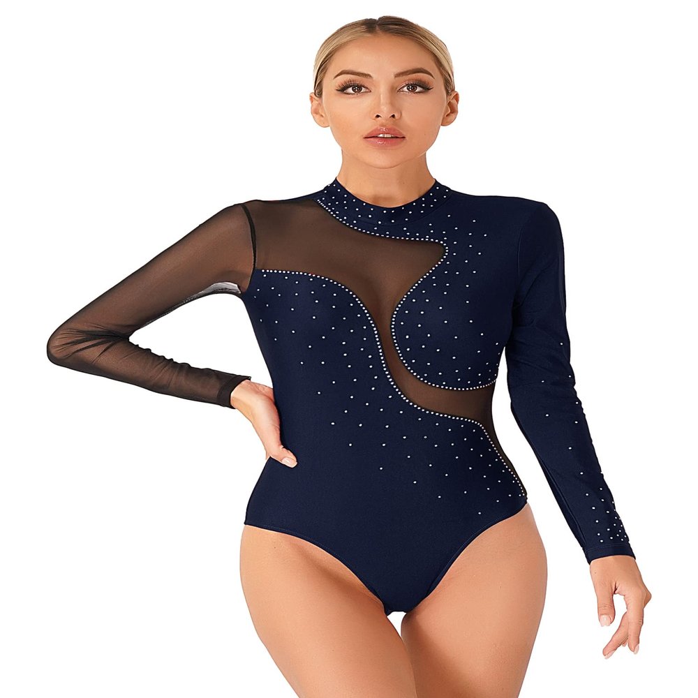 TSSOE Women Mesh Patchwork Gymnastics Leotard Long Sleeves Bodysuit Figure Skating Performance Costume Navy Blue X-Large