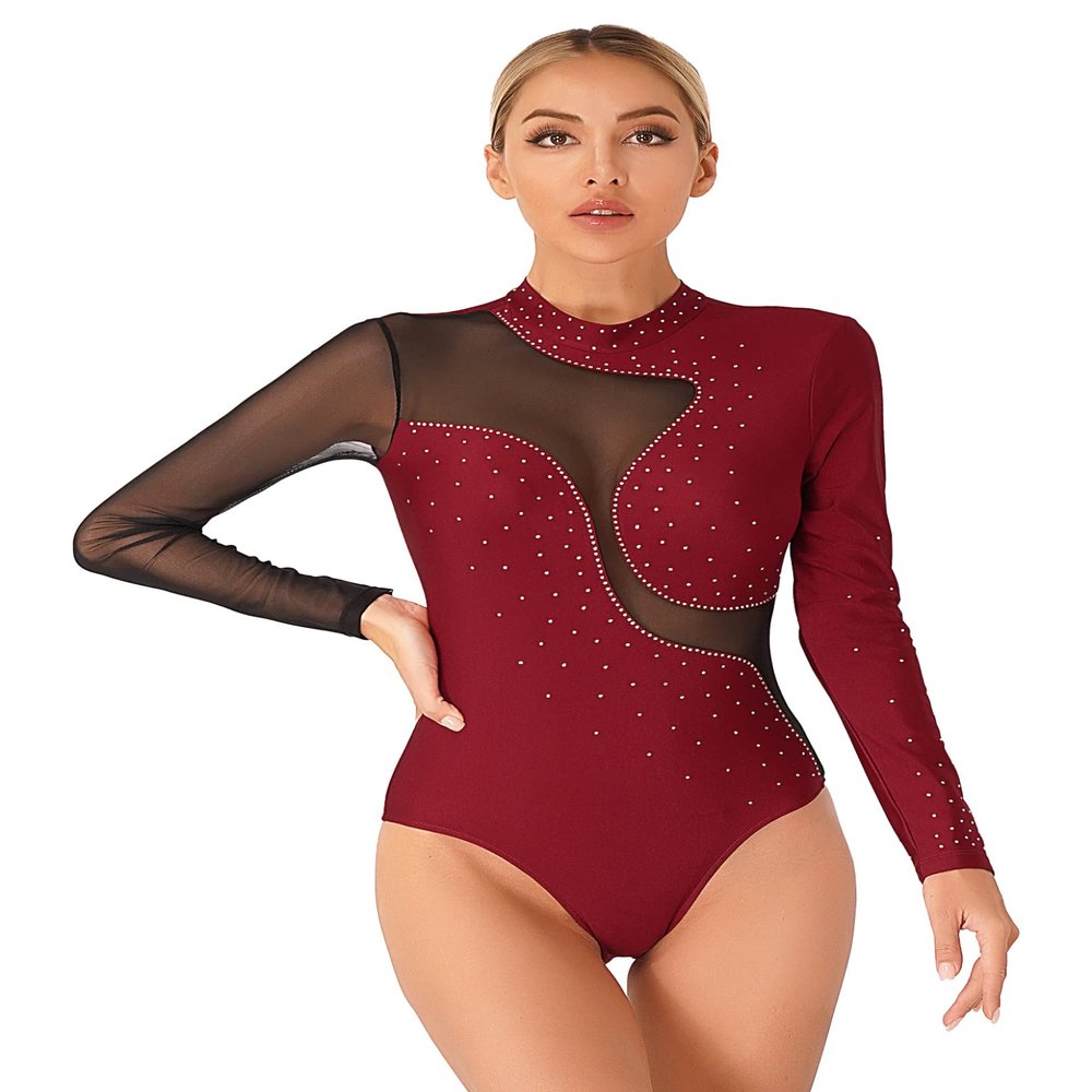 TSSOE Women Mesh Patchwork Gymnastics Leotard Long Sleeves Bodysuit Figure Skating Performance Costume Burgundy Medium