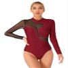TSSOE Women Mesh Patchwork Gymnastics Leotard Long Sleeves Bodysuit Figure Skating Performance Costume Burgundy Medium view 1