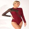 TSSOE Women Mesh Patchwork Gymnastics Leotard Long Sleeves Bodysuit Figure Skating Performance Costume Burgundy Medium view 2