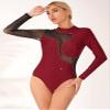 TSSOE Women Mesh Patchwork Gymnastics Leotard Long Sleeves Bodysuit Figure Skating Performance Costume Burgundy Medium view 3