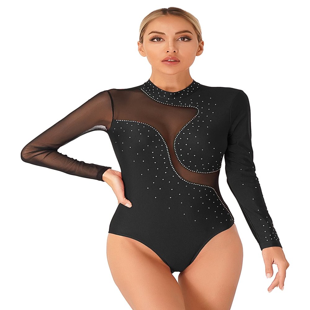 TSSOE Women Mesh Patchwork Gymnastics Leotard Long Sleeves Bodysuit Figure Skating Performance Costume Black Large
