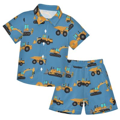XDMXY Excavator Concrete Mixer Boys Summer Button-Down Shirt and Shorts Sets Hawaiian Outfits Truck Print 2 Piece Sets for 3-10T Kids (Color-1, 3T)