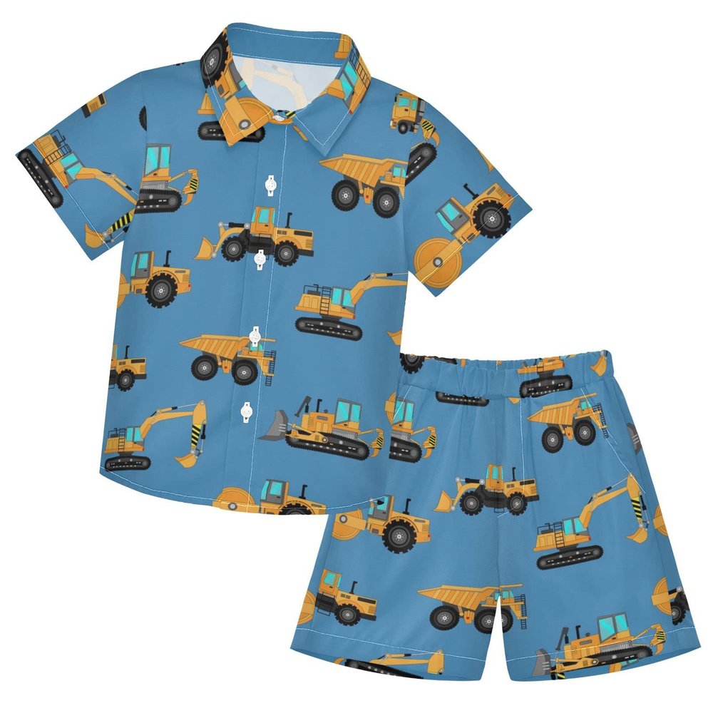 XDMXY Excavator Concrete Mixer Boys Summer Button-Down Shirt and Shorts Sets Hawaiian Outfits Truck Print 2 Piece Sets for 3-10T Kids (Color-1, 3T)
