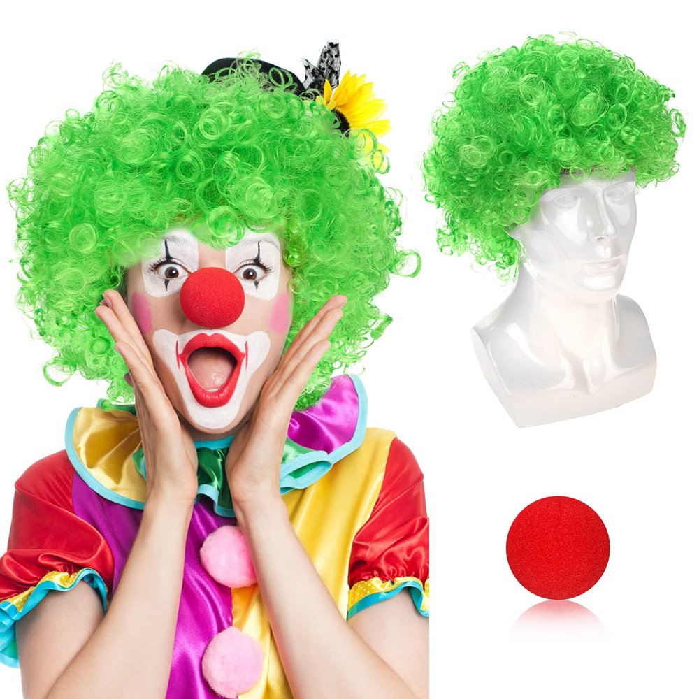 Adults Curly Afro Wig, Short Disco Party Hairpiece, Colorful 70s 80s 90s Fancy Dress Accessory, Cosplay Hairpiece for Women and Men With Red Foam Clown Nose, Green