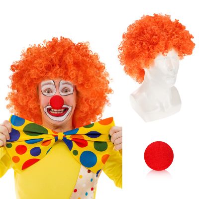 Adults Curly Afro Wig, Short Disco Party Hairpiece, Colorful 70s 80s 90s Fancy Dress Accessory, Cosplay Wig for Women and Men With Red Foam Clown Nose, Orange