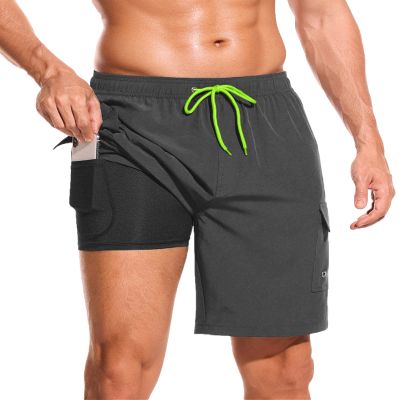 SILKWORLD Mens Swimming Trunks Quick Dry Beach Swimwear Shorts 9" Swimsuit with Compression Liner and Cargo Pockets (Dark Grey, XX-Large)