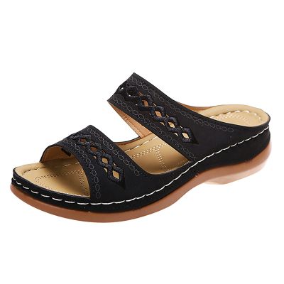 Orthopedic Sandals for Women, Women Wedge Walking Slippers with Arch Support Anti-Slip Breathable Sandal Slip On Flip Flops Dressy Summer Comfy Platform Beach Travel Sandal Shoes (04-Black, 7)
