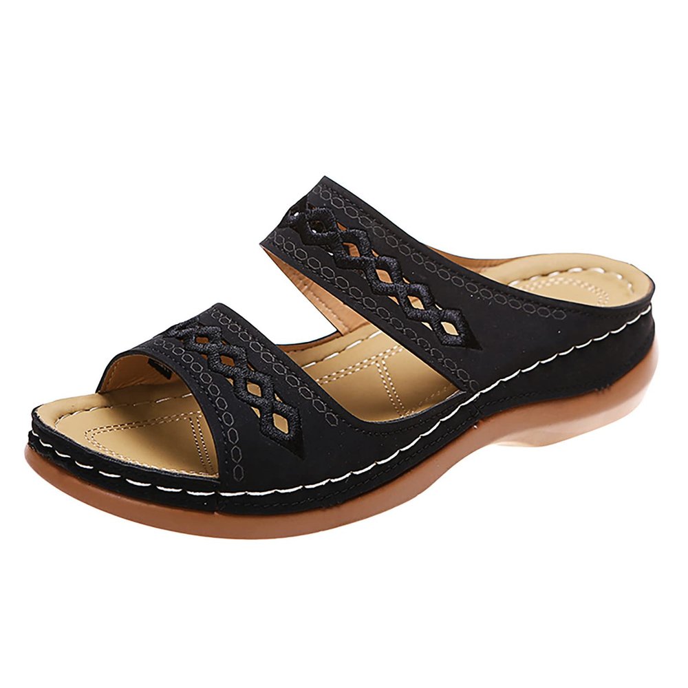 Orthopedic Sandals for Women, Women Wedge Walking Slippers with Arch Support Anti-Slip Breathable Sandal Slip On Flip Flops Dressy Summer Comfy Platform Beach Travel Sandal Shoes (04-Black, 7)