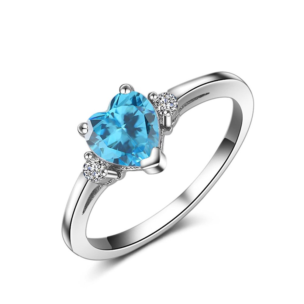 ACEFEEL 925 Sterling Silver Heart Shaped Sea Blue Cubic Zirconia Engagement Promise Band Ring Size 4