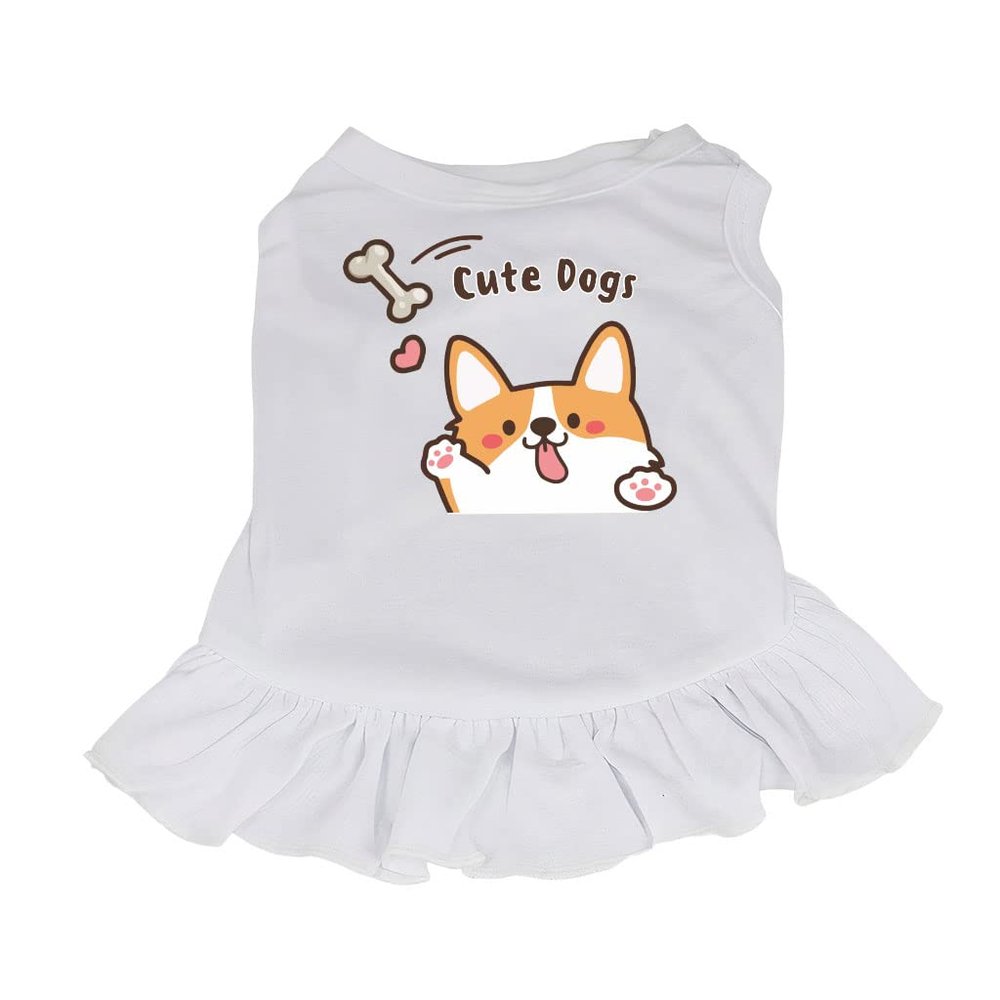Funny Corgi Dog Sundress - Unique Design Dog Dress Shirt - Cartoon Dog Clothing - White, L