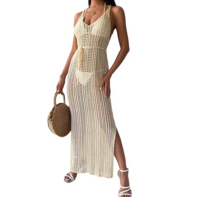 VOGMAR Solid Color Knitted Suspender Dress Beach Casual Sweater Outer Dress for Women