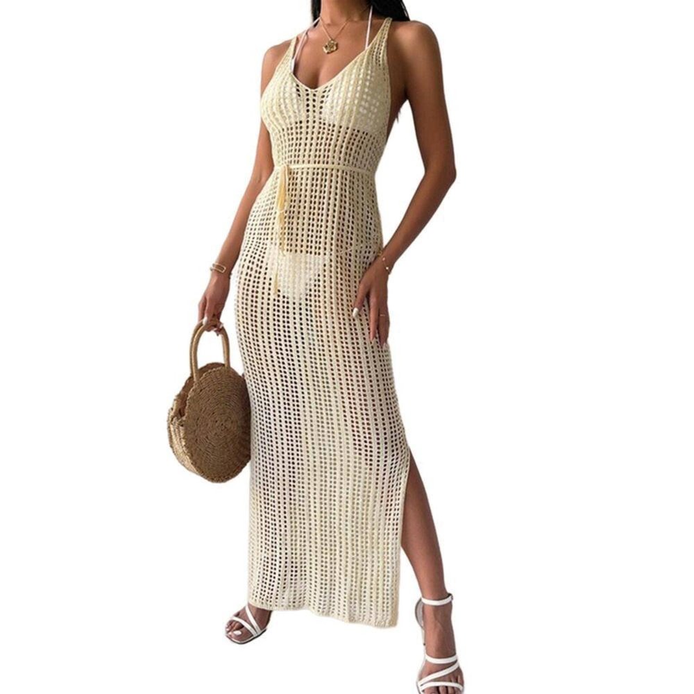 VOGMAR Solid Color Knitted Suspender Dress Beach Casual Sweater Outer Dress for Women