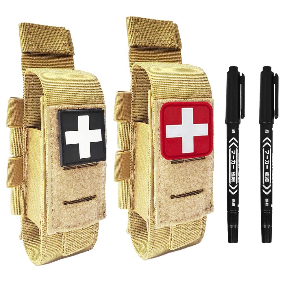 Laser Cut Tactical Molle Tourniquet Pouch TQ Holder Tourniquets Holster IFAK TQ Tourniquet Case Trauma Medical Shear Pouch Pen and Penlight Holder (TAN Set 2)