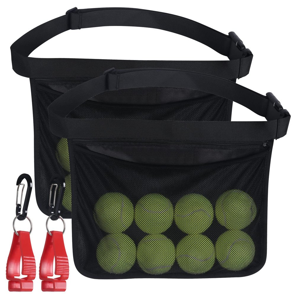 Tennis Pickleball Holder Wasit Pouch: 2 pcs Tennis Wasit Ball Band with Hanging Hook for Pickleball Accessory Mesh Hip Bag