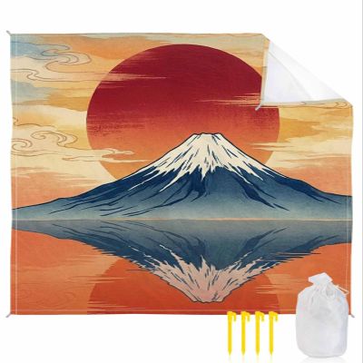 Beach Blanket, Japanese-Style Mount Fuji Cherry Blossom Sunset Orange Beach Mat 83"x79" Large Picnic Blanket,Sandproof Waterproof Outdoor Beach Blankets for Travel Camping Hiking Beach Vacation