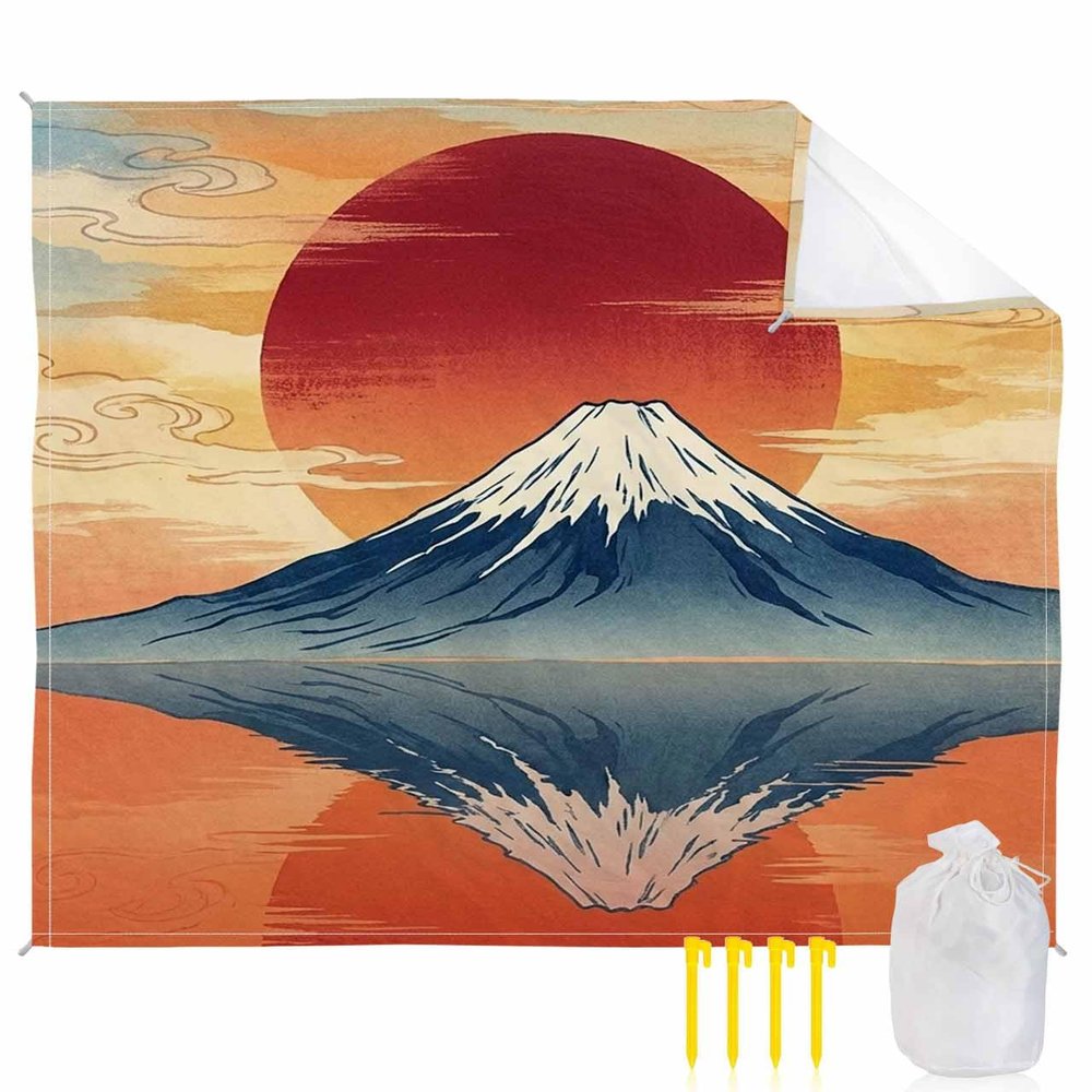 Beach Blanket, Japanese-Style Mount Fuji Cherry Blossom Sunset Orange Beach Mat 83"x79" Large Picnic Blanket,Sandproof Waterproof Outdoor Beach Blankets for Travel Camping Hiking Beach Vacation